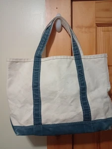 LL Bean Tote Medium Canvas Navy Blue Handles White Faded Distressed 12x16 - Picture 1 of 9
