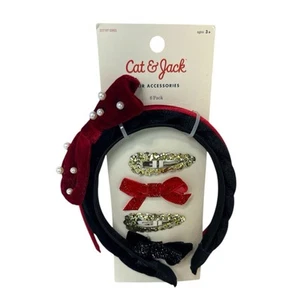 Cat & Jack Red and Black Hair Accessories Set Velvet Headbands and Bow Clips - Picture 1 of 4