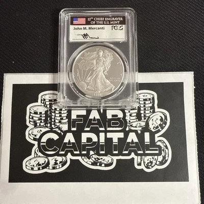 1996 P PROOF SILVER EAGLE PCGS PR70 DCAM JOHN MERCANTI HAND SIGNED FLAG LABEL - Image 1 of 2