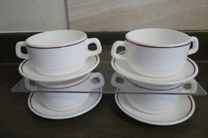 VINTAGE ARCOPAL FRANCE 4 SOUP BOWLS 200ML & 4 SAUCERS WHITE GLASS WITH STRIPE - Picture 1 of 11