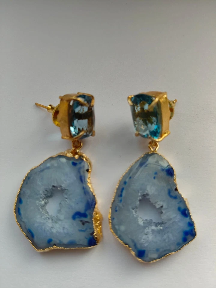 Druzy Slice Earring Hydro London Blue Geode Gold Edge Stud Fashion Jewelry - Image 1 of 4