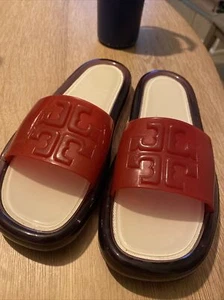 TORY BURCH BUBBLE JELLY SLIDES IN TORY RED/ DEEP PURPLE/ LIGHT CREAM SIZE 8B - Picture 1 of 4