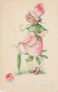 A/S M DULK FANTASY BIRTHDAY POSTCARD FLOWER TURNED PRETTY LADY c1915 082524 T - Picture 1 of 2
