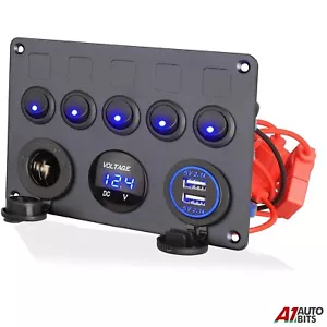 5 Gang LED Light Switch Control Panel 12V 24V Camper Van Voltmeter 2 USB Charger - Picture 1 of 14