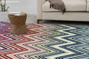 Chevron Zig-Zag Multicoloured Modern Hand-Tufted 100% Wool Area Rug Carpet - Picture 1 of 19