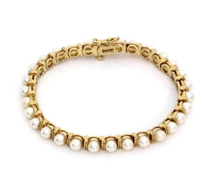 SOLID 14k YELLOW GOLD PEARL TENNIS BRACELET 7", for 6-3/4" wrist or smaller - Image 1 of 4