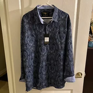 Men’s Premiere long sleeve navy blue floral button up dress shirt fancy cuffs - Picture 1 of 5