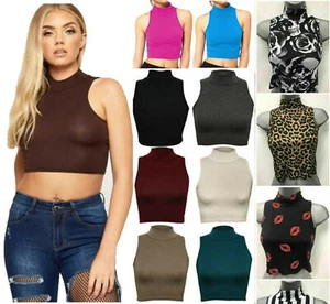 WOMEN'S LADIES SLEEVELESS POLO NECK T-SHIRT PLAIN PRINTED STRETCH CROP VEST TOP - Picture 1 of 27