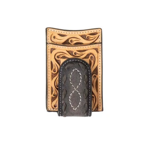 ¡Nuevo! CARTERA CLIP DINERO CUERO NEGRO Y MARRÓN para hombre con diseño floral mecanizado a mano - Imagen 1 de 1