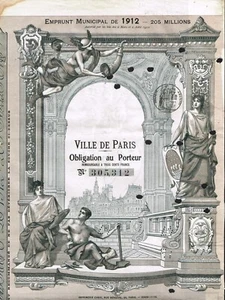 SET OF 2 FRANCE CITY OF PARIS LOAN stock certificate/bond 1912 - Picture 1 of 2