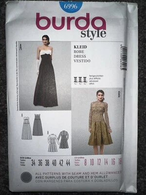 Burda 6996 Sewing Pattern  Fitted Formal Dress Short Pleated/Long Gathered UNCUT - Image 1 of 3