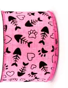 Kitty Feline Fish Bones Hearts Paw Print Pet Pink 2.5" by 2 yds Wired Ribbon - Picture 1 of 2