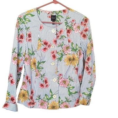 Blazer Rafaella Talla Mediana M Azul Rayas Seersucker Estampado Floral Botón Foto 1 de 4