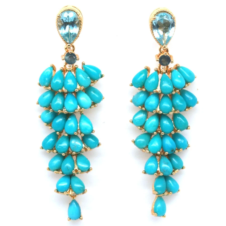 Plata 925 hecha a mano 5 x 7 mm. Pendientes de topacio azul cielo, turquesa y zafiro Foto 1 de 4