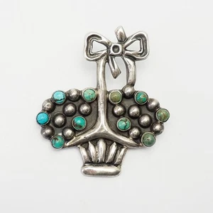 Damaso Gallegos Sterling Silber Türkis Blumenkorb große Anstecknadel Brosche Mexiko - Bild 1 von 3