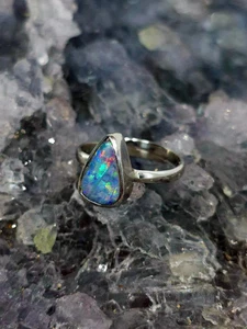 Viavela Lightning Ridge Doublet Opal 0.28g S925 Silver Adjustable Ring Size U... - Picture 1 of 6
