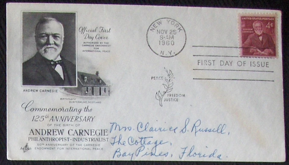 USA FDC SC #1171 ANDREW CARNEGIE 1960 Art Craft Cachet. - Image 1 of 1