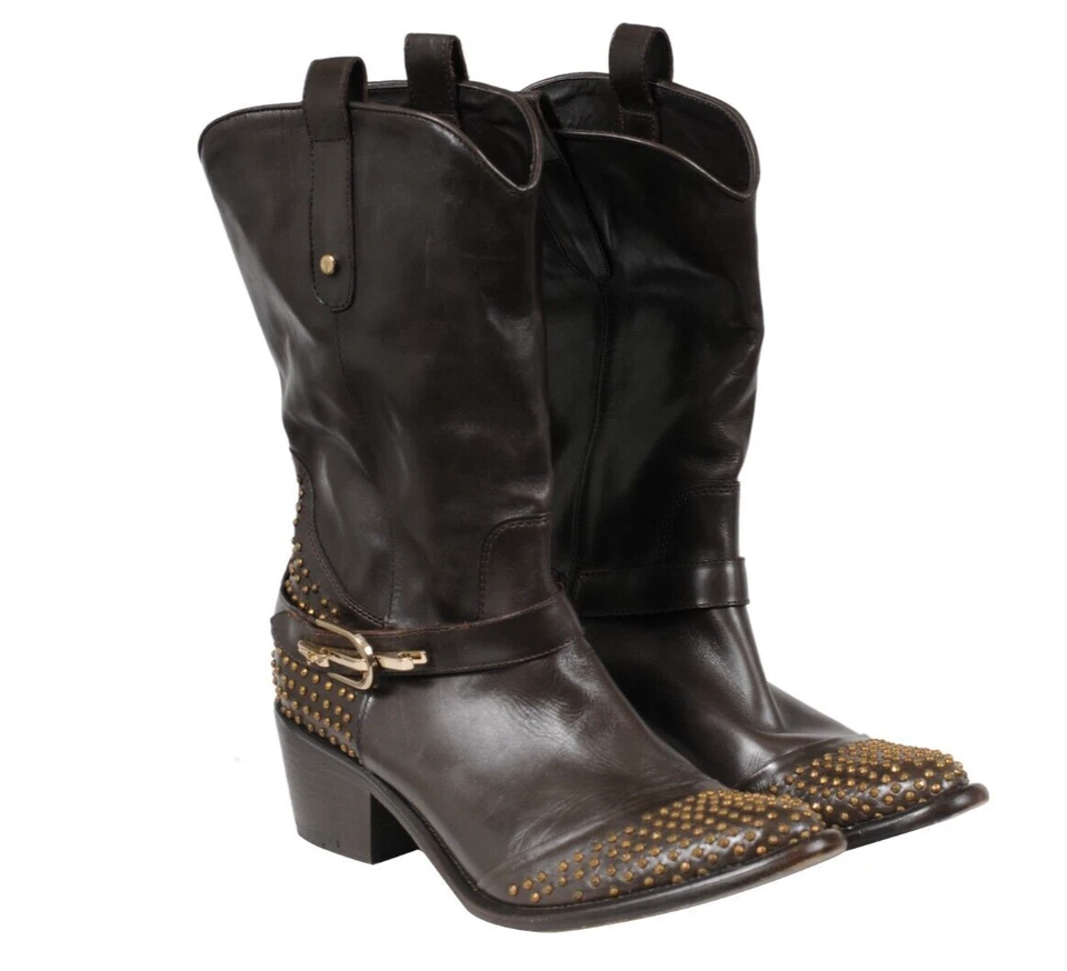 Cesare Paciotti Studded Western Cowboy Boots US 7 EU 37 Brown Leather Gold - Image 1 of 4