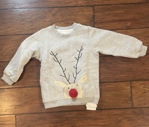 Children's Gray Reindeer  Rudolph Kids Christmas Sweatshirt Size 5Y Pom Pom Nose - Picture 1 of 6