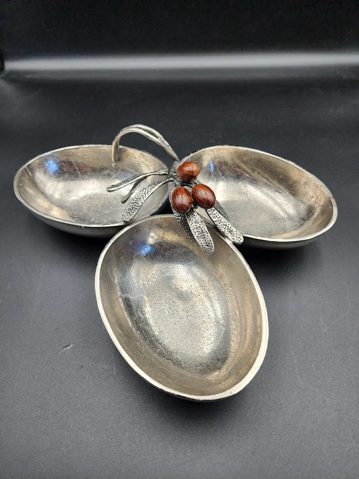 Mudpie Olive Branch Triple Section Nut Candy Dip Appetizer Aluminum Wood Olives - Image 1 of 4