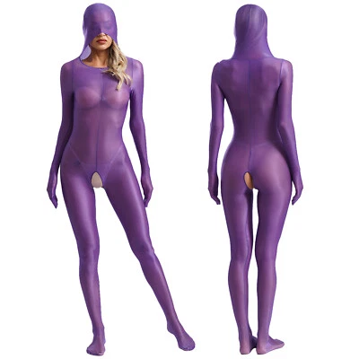 Mujeres Manga Larga Ver a Través Mono Cuerpo Completo Brillante Sedoso Pie Lencería Foto 1 de 4