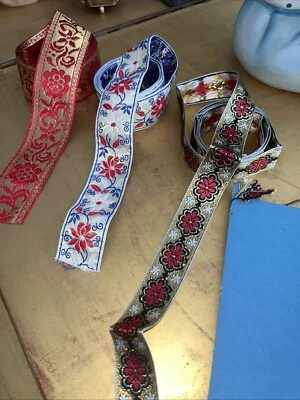 Vintage Trim Woven Jacquard Beautiful  Embroidered Ribbon Floral Lot 3 Pc Crafts - Image 1 of 4