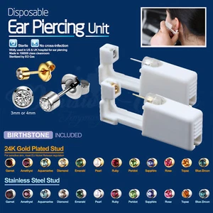 Disposable Ear Piercing Unit Kit - Birthstones Silver Gold Stud Earring Gun Home - Picture 1 of 64