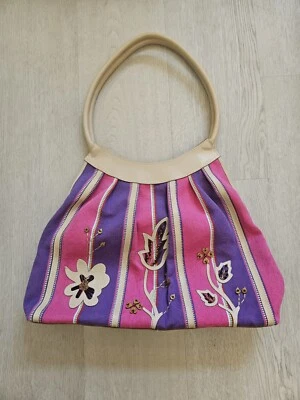 Vintage Sharif Marc And Marc Pink Purple Stripe Floral Beaded Shoulder Bag Purse - Image 1 of 4