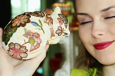 JUDITH LEIBER RESTING WHITE FLORAL CAT SWAROVSKI CRYSTAL MINAUDIERE EVENING BAG - Image 1 of 4