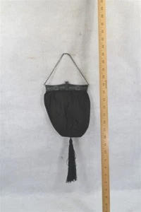  antique purse victorain folding hinged frame black silk long tassel 1880-1900 - Picture 1 of 7