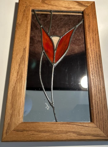 VINTAGE STAINED GLASS MIRROR WOOD FRAME SIGNED ORPHEUS 83 TULIP FLORAL DESIGN Cover