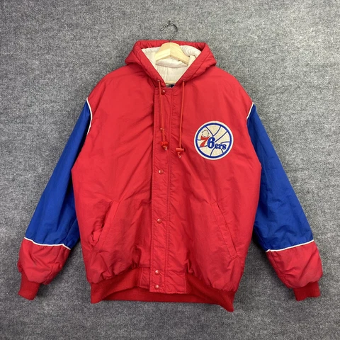 Vintage 90s Philadelphia 76ers Sixers Starter Zip Up Jacket Coat Hooded Large Cover