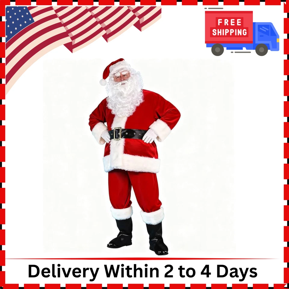 Traje de Santa Deluxe para hombre 10 piezas. Disfraz de Papá Noel Navidad adulto Foto 1 de 4