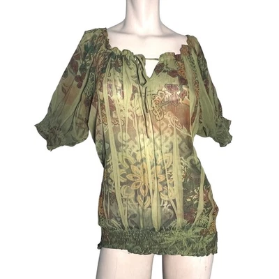 Blusa Floral Verde Transparente Camponesa Top L Boho Smocked Festival Charlotte Russe - Imagem 1 de 4