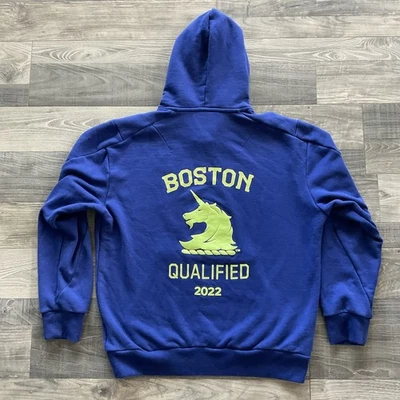 Adidas Boston Marathon 2022 Qualifier Hoodie Men’s LARGE Blue Yellow Puff Print - Image 1 of 4