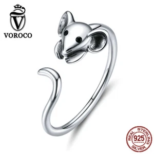 Voroco Fashion Cute Mouse Open Finger Ring S925 Sterling Silver CZ Women Jewelry - Picture 1 of 12