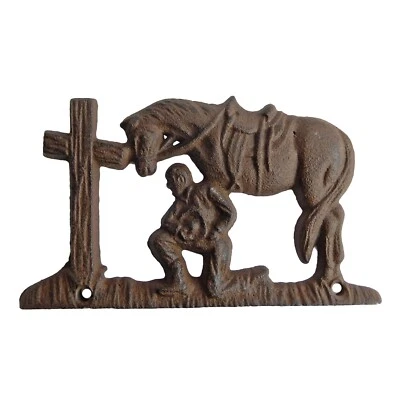 Small Cast Iron Praying Cowboy Rustic Brown Wall Decor Custom Hardware 5 3/4 in - Image 1 of 3