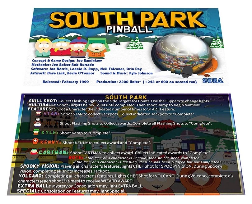 Tarjetas de instrucciones Stern/Sega South Park Pinball delantal personalizado Foto 1 de 1
