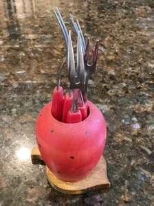 Vintage Wood Red Strawberry Holder 6 Cocktail Appetizer Party Forks Japan EUC - Picture 1 of 7