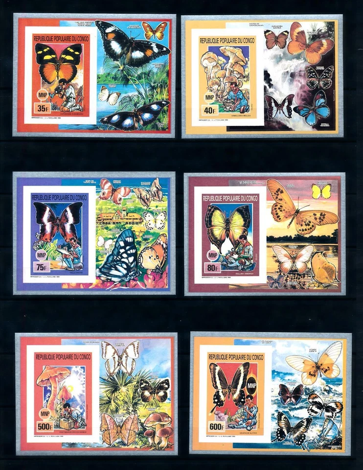 [75872] Congo Brazzaville 1991 Butterflies Bird Scout 6 Luxe Imperf. Sheets MNH - Image 1 of 1