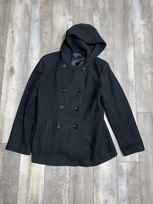 Abrigo Anne Klein AK Negro Lana Clásico Botones Con Capucha Doble Pecho Forrado Grande Foto 1 de 4