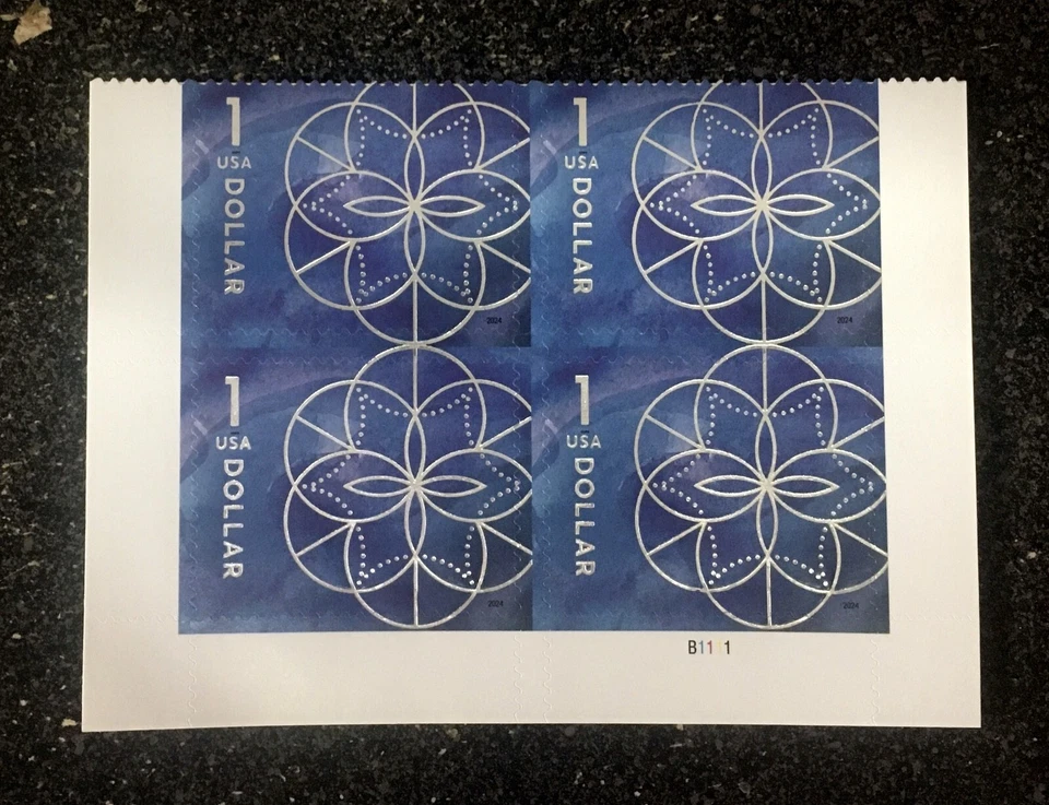2024USA #5853 $1.00 Floral Geometry - Bottom Plate Block of 4  Mint dollars blue - Image 1 of 1