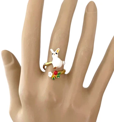 Fun Faux Pearl Tale Bunny Rabbit Lover Multicolor Flowers Enamel Adjustable Ring - Image 1 of 2