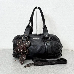 Raro Bolso de Mano Miu Miu 2 Vías Mini Boston Cuero Brillante Flor Tachuelas Negro JAPÓN - Imagen 1 de 16