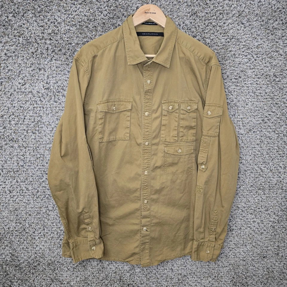 Camisa Sean John Para Hombres XXL 2XL Abotonada Marrón Dorado Bolsillos Y2K Informal Foto 1 de 4