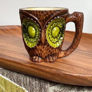 VTG TREASURE CRAFT POTTERY Mid Century Tiki OWL Mug Cup Green Woodgrain Ceramic - Picture 1 of 20