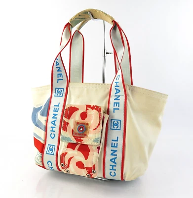 Authentic CHANEL Off White Canvas Surf Line Tote Bag Purse #61077 - Image 1 of 4