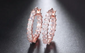 3ct Princess Simulated Diamond Unique Design Hoop Earrings 14k Rose Gold Plated - Picture 1 of 3