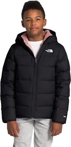 NORTH FACE Moondoggy Down Hoodie, Youth Small, 7-8 Years, Black w/Salmon Lining - Picture 1 of 6