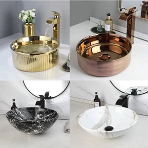 Round Gold Ceramic Basin Vessel Sink Washing Bowl Waterfall Mixer Faucet Drain - Picture 1 of 32